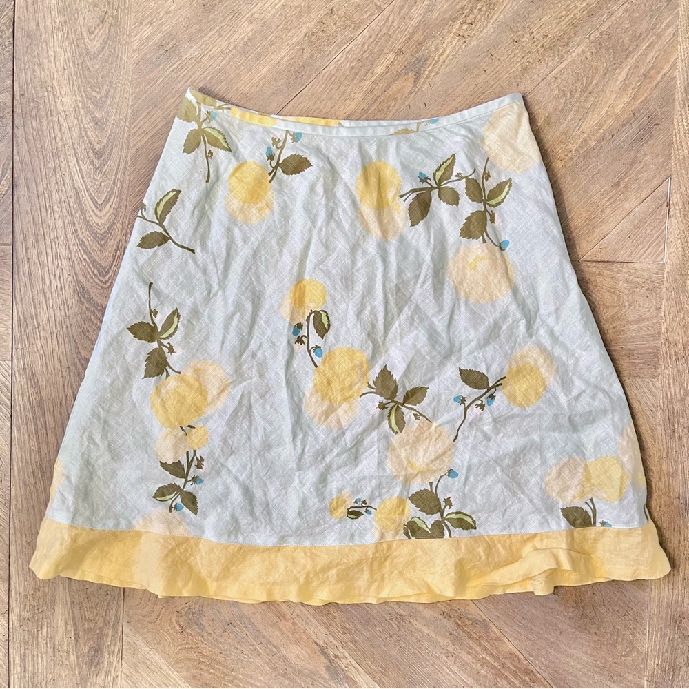 LOFT Light Blue A-Line Skirt with Yellow Floral Print